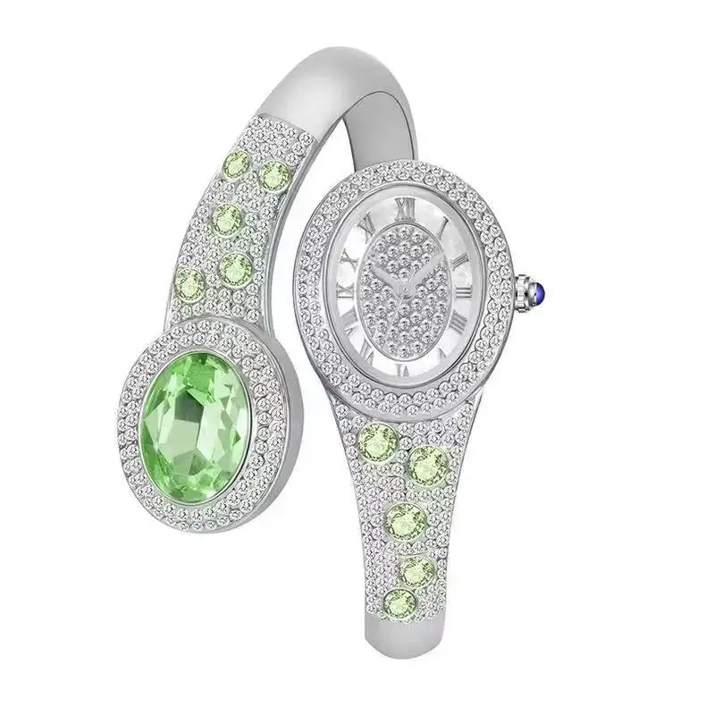 Montre-bracelet de luxe entièrement sertie de diamants, super scintillante, ovale, en forme d'œuf, avec cristaux, design serpent exquis, élégante pour femme