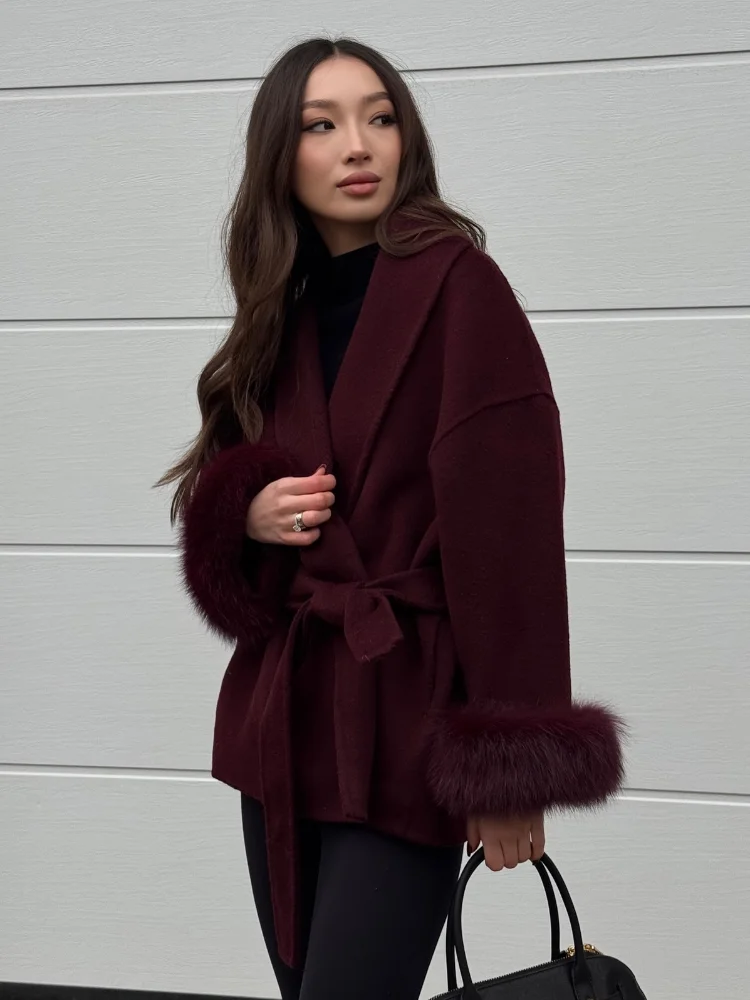 New Burgundy Fashion Spliced Fur Cuffs Woolen Coats For Women Elegant Lapel Collar Lace Up Spring Jackets Chic Lady Outwear 2025