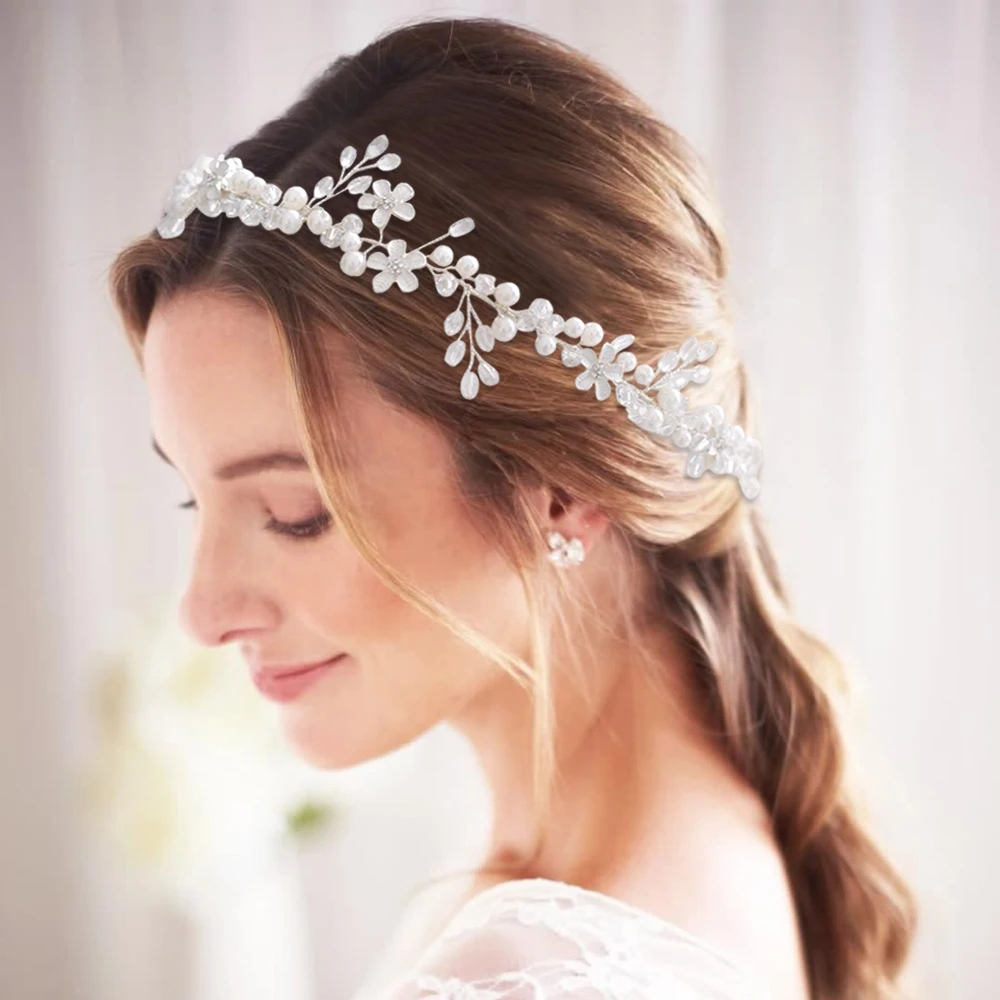 Diadema de boda de perlas con flores, vid de pelo nupcial con cinta, corona de pelo para comunión, tocados de cristal para niñas y mujeres