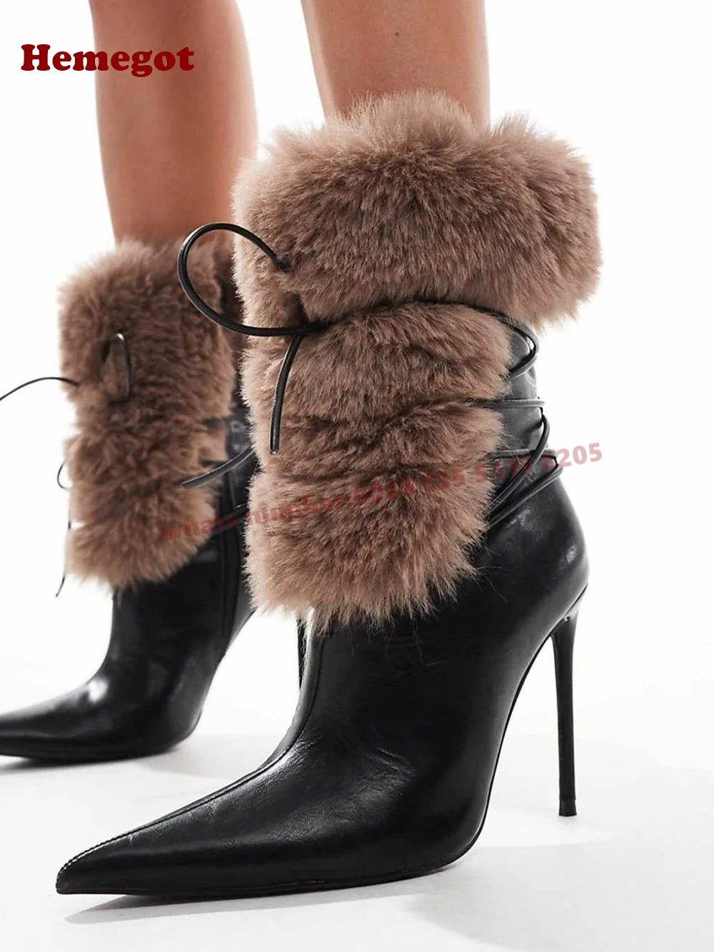 Black Cross Strappy Mid-Calf Boots Fluffy Fur Splicing Women's Boots Winter 2025 New Stiletto Heels Pointy Toe Casual Shoes Sexy