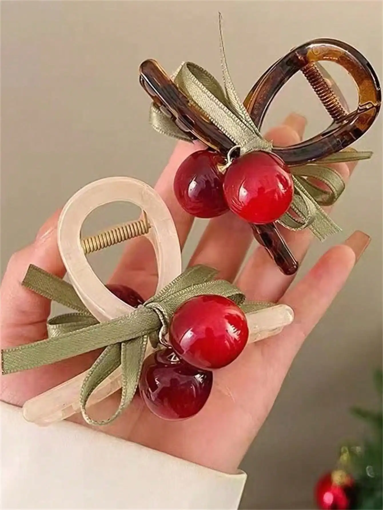 1 Women\'s new summer French Cherry Bow hair grab Cherry grab clip back head bun High ponytail half Shark claw headpiece
