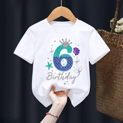 Cute Kids Clothes 6th Birthday Gift For Girls T Shirt Mermaid Princess Crown Print Tshirt Harajuku Kawaii Clothes White T-Shirt