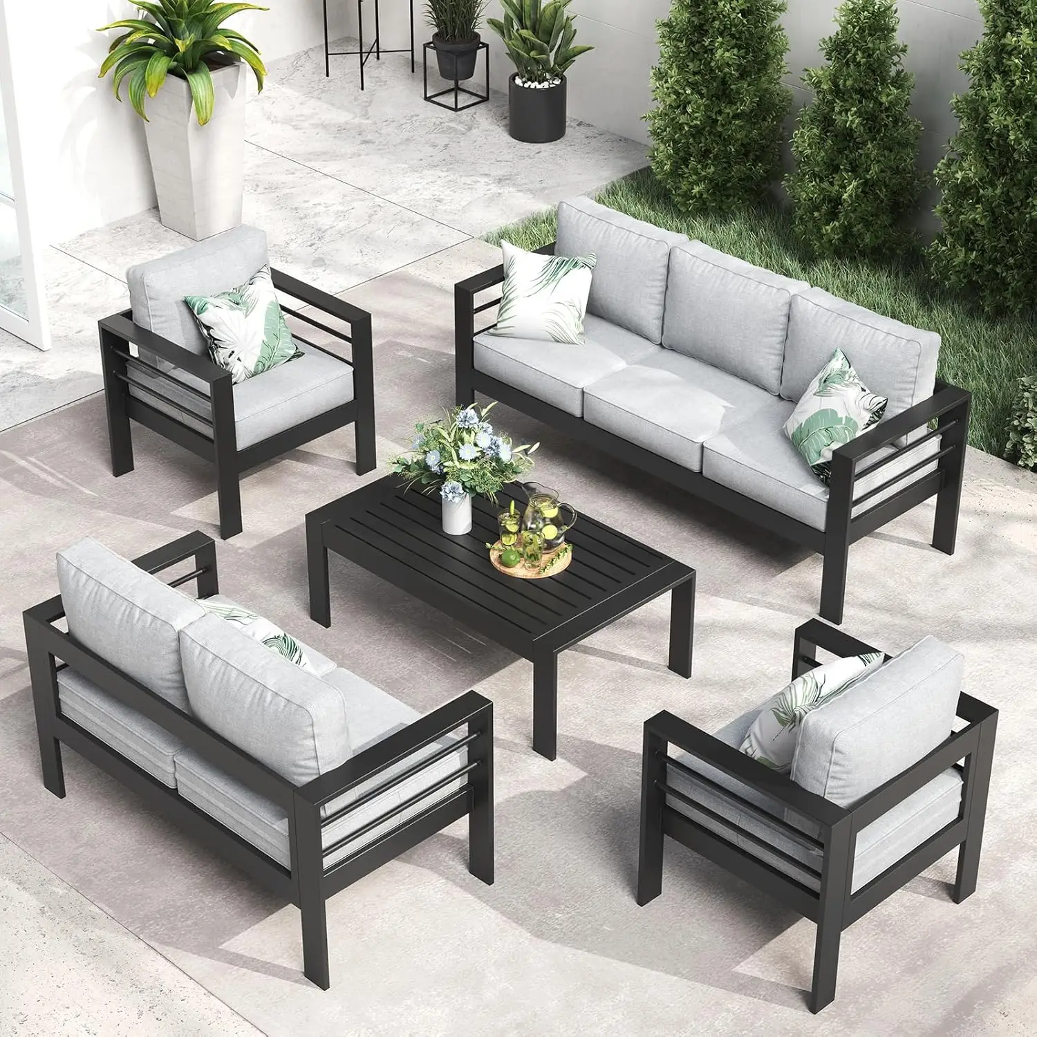 Outdoor Aluminum Furniture Set, 5 Pieces Patio Sectional Conversation Chat Sofa Modern Seating Set with Coffee Table