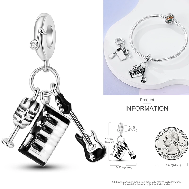 2026 Neuer Musik-Charm aus 925 Sterling Silber, Musiknoten-, Kopfhörer- und Gitarren-Anhänger, passend für europäische Armbänder, DIY-Geschenk für Frauen – Detail 11