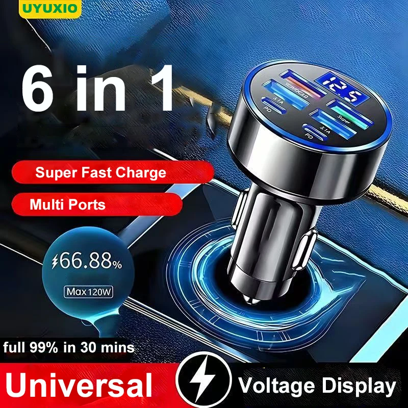 

UYUXIO Multi Port USB C Car Phone Charger Adapter 12V Outlet with Voltage Display Fast Charge with Volt Meter for iPhone Samsung