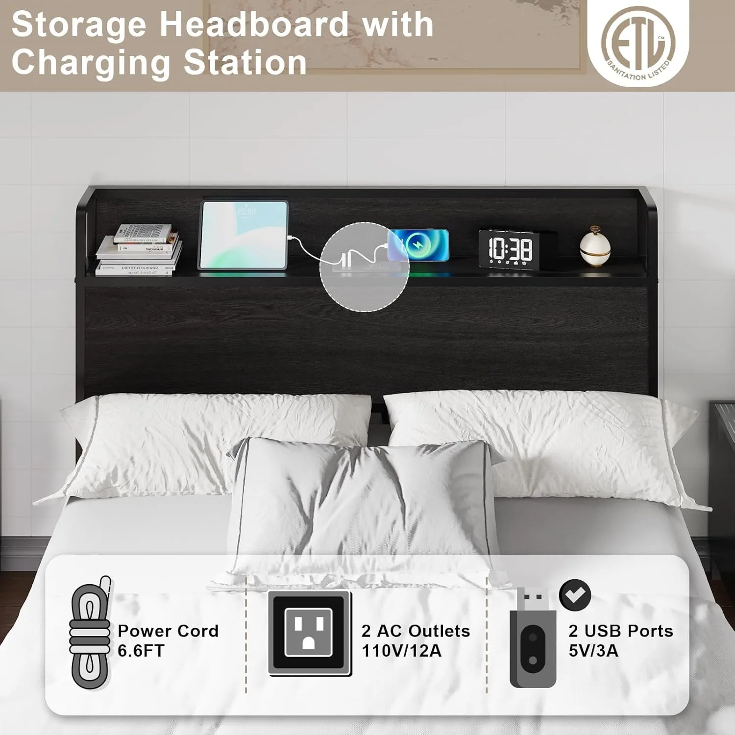 Full Size Lift Up Storage Bed Frame, Wooden Platform Bed Frame with Lifting Storage & Charging Station, No Spring Box Needed