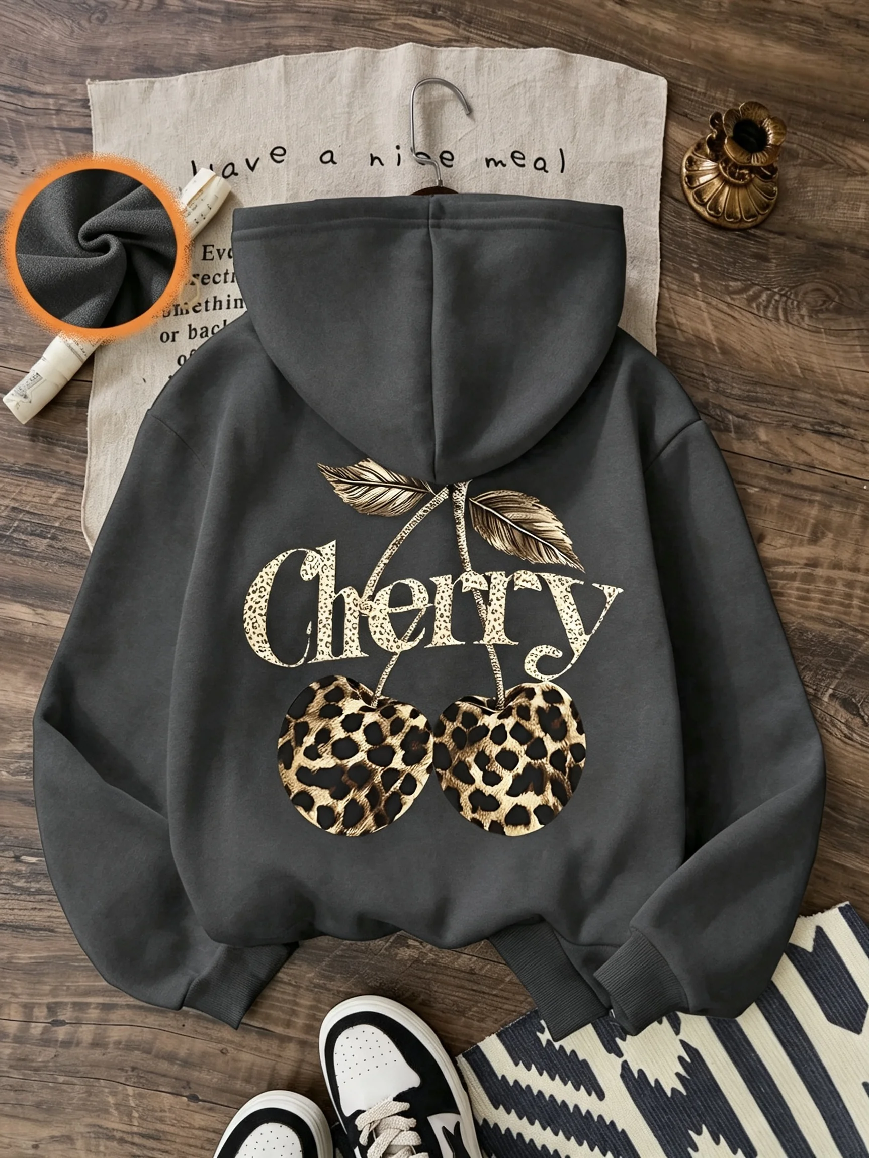 Women's casual hooded sweatshirt with leopard print and cherry patterned design, suitable for autumn and winter seasons