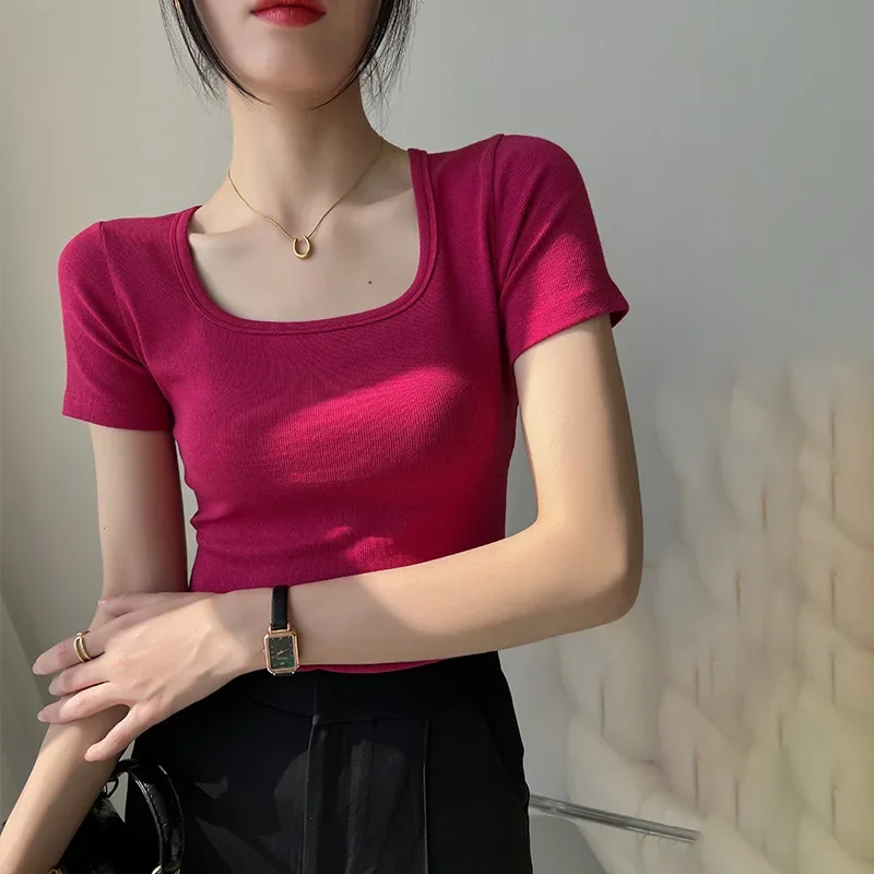 

Women's Korean Style Pure Cotton T-shirt High Elastic Threaded Square Neck Slim Sexy Cute Fitting Bottom Shirt