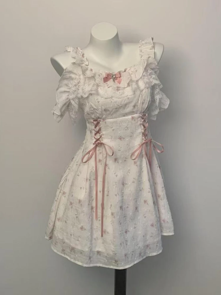 

2025 Summer New Print Sling Dress Elegant Sweet Slim Lace Up Bow Patchwork Short Dresses Female Design Warm Kawaii Lovely Dress