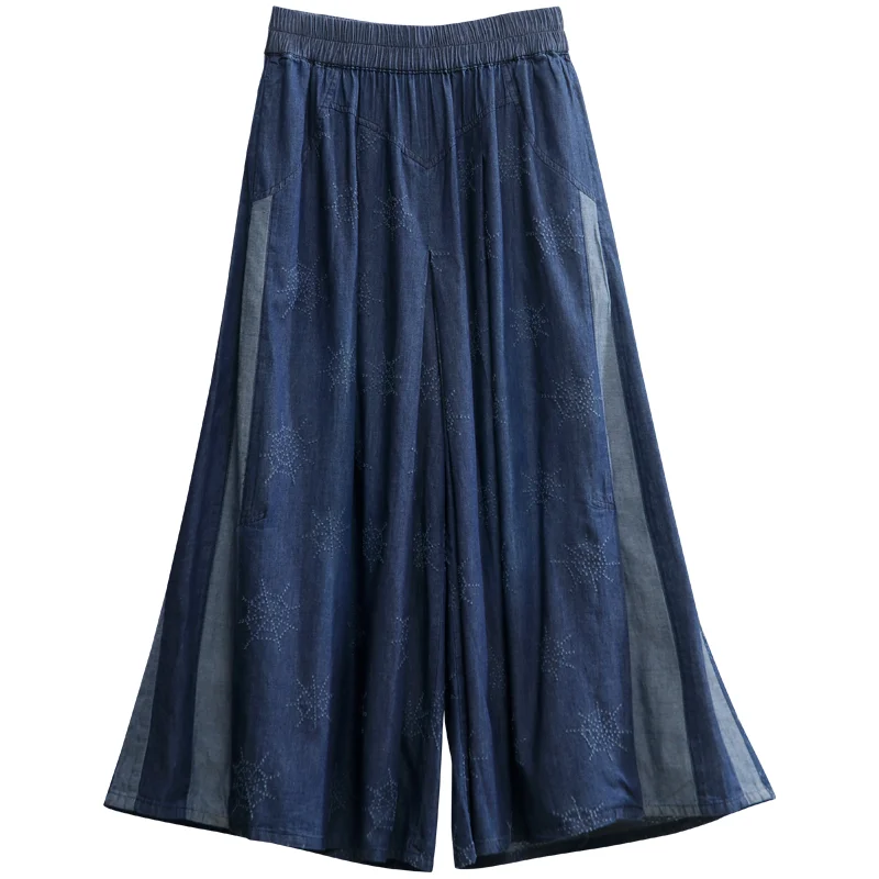 TIYIHAILEY Free Shipping Wide Leg Long Patchwork Women Trousers Denim Jeans Elastic Waist Ripped Casual Pants With Pockets