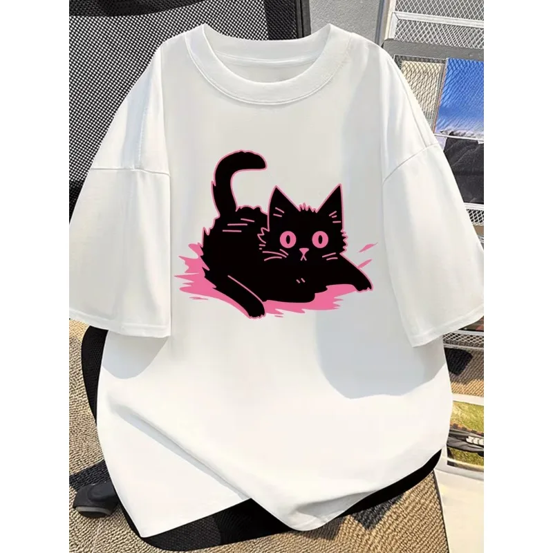 Y2K Aesthetic Pink Black Cat Oversized T-Shirt Cute Gothic Black Kitty Graphic Short Sleeve Cat Lover Casual Top for Women Men