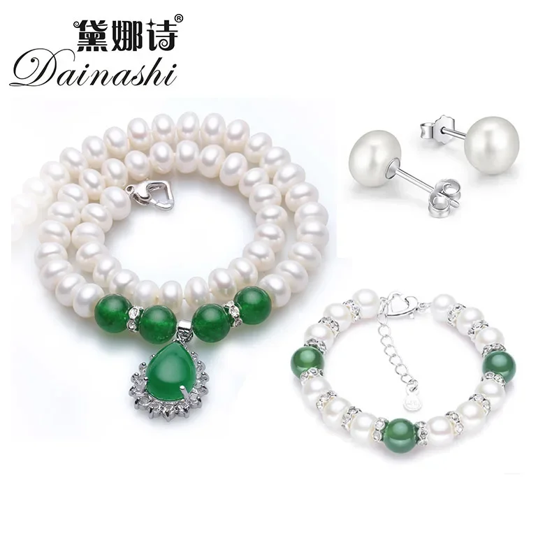 Dainashi new large naturale 9-10mm collana delle donne orecchini e bracciale set con perla d\'acqua dolce agata verde per le donne