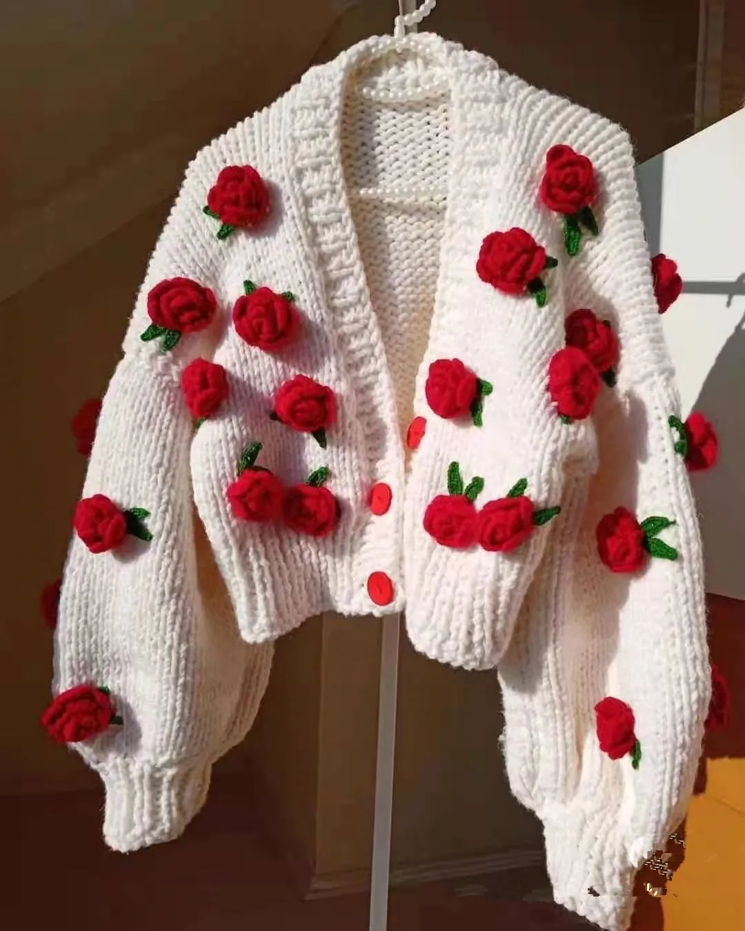 Women Autumn Short Sweater Three-dimensional Red Rose V Neck Knitted Cardigan Contrast Color Casual Female Coats Chic Design