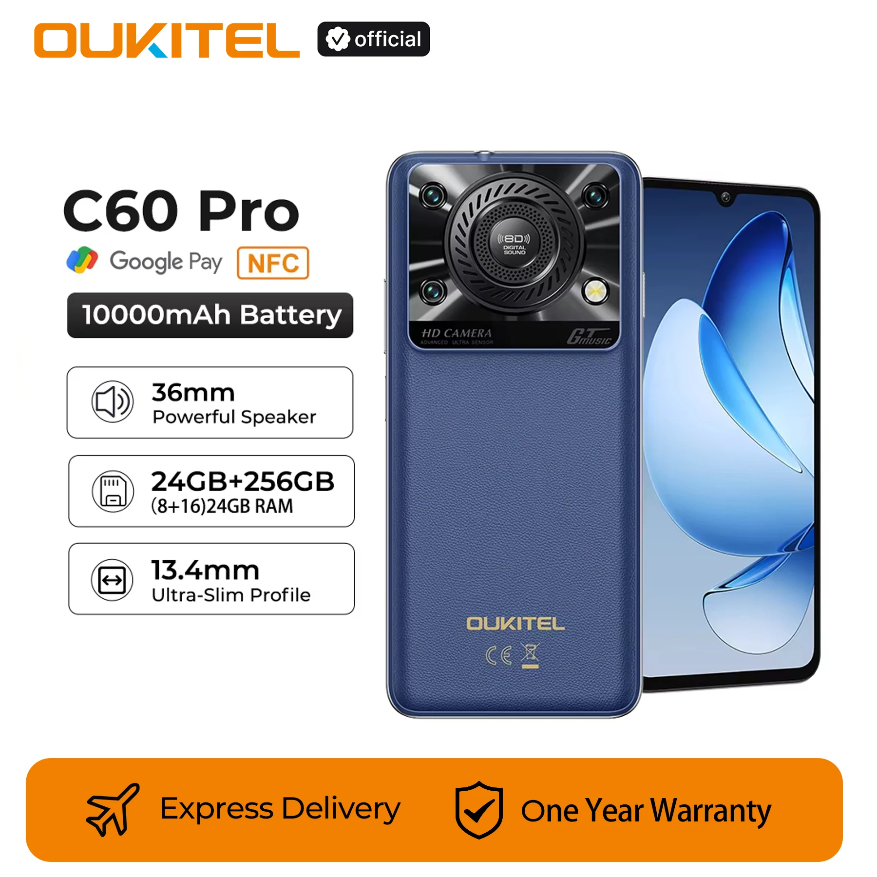 Oukitel C60 PROスマートフォン 10000mAhバッテリー 24GB+256GB 6.88 