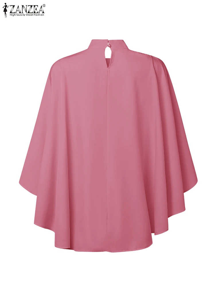 ZANZEA Fashion Blouse Women 3/4 Sleeve Ruffled Tops 2025 Autumn Stand Collar Pleated Elegant Office Lady Shirts Korean Solid Top