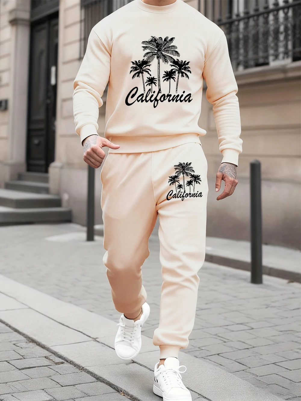

2 Pcs Hoodies Set Mens Coconut Trees California Printing Sweatpants Winter Loose Fleece Warm Pants Hoody Sporty Crewneck Clothes