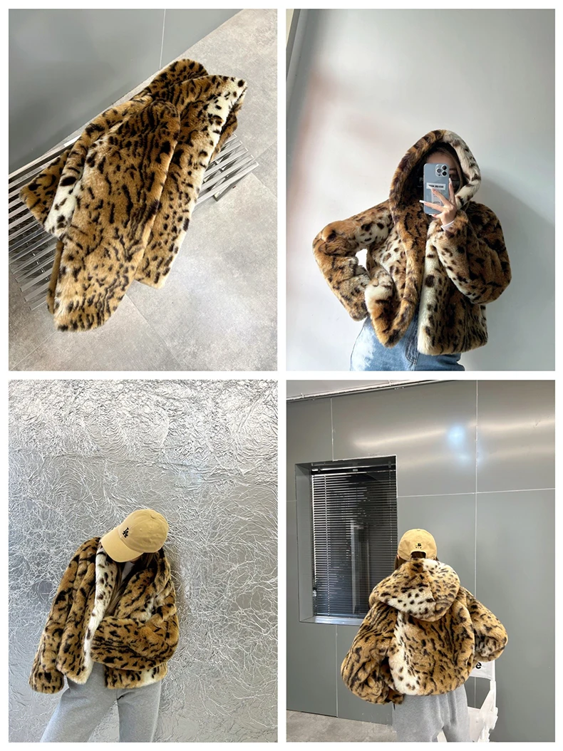 Lautaro Winter Short Thick Warm Leopard Print Faux Fur Coat Women with Hood Raglan Long Sleeve Hot Girl Loose Soft Fluffy Jacket
