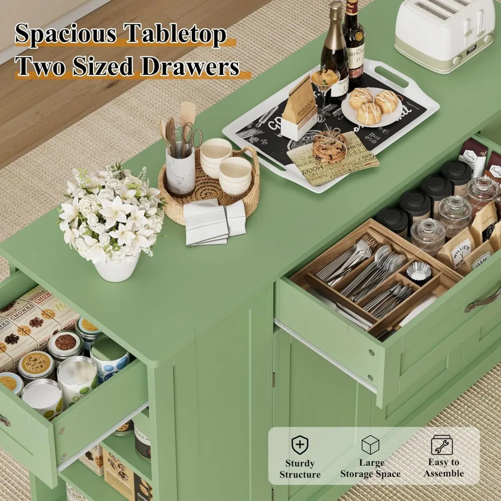 عربة جزيرة المطبخ مع مساحة تخزين، 47 طاولة دوارة على عجلات، درجين، جزيرة تخزين المطبخ بارتفاع قابل للتعديل