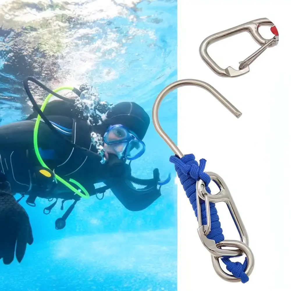 Scuba Reef Hook With Extendable Coil Lanyard Stainless Steel Single J Hook For Divemiao Diving Snorkeling Underwater Safety