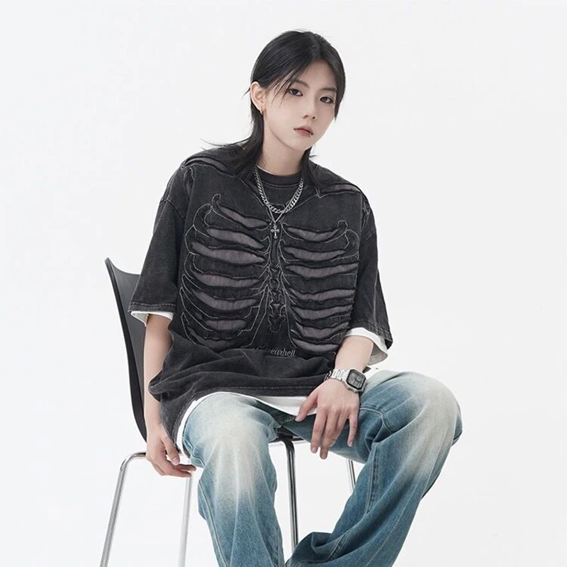

American High Street Fake Two Piece Tee Vintage Washed Skeleton Rib Print Oversized Short Sleeve Unisex Y2K Couple Summer Tops