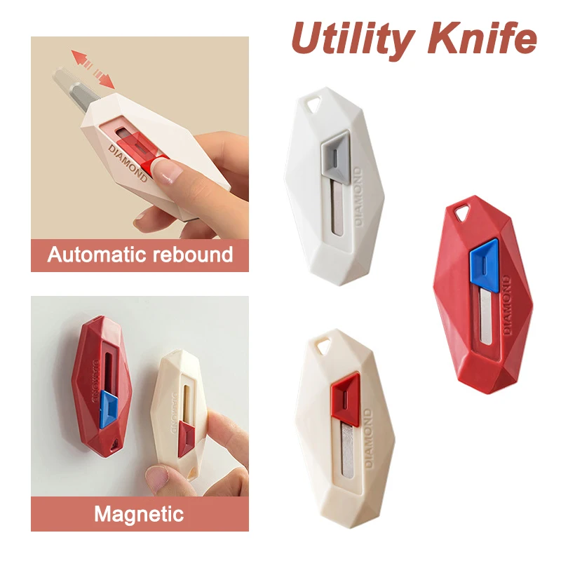 الماس تصميم Unbox سكين السلامة جولة رئيس القاطع المغناطيسي صندوق كرتوني القاطع قابل للسحب انتعاش رسالة فتاحة سكّين متعدّد الاستخدامات