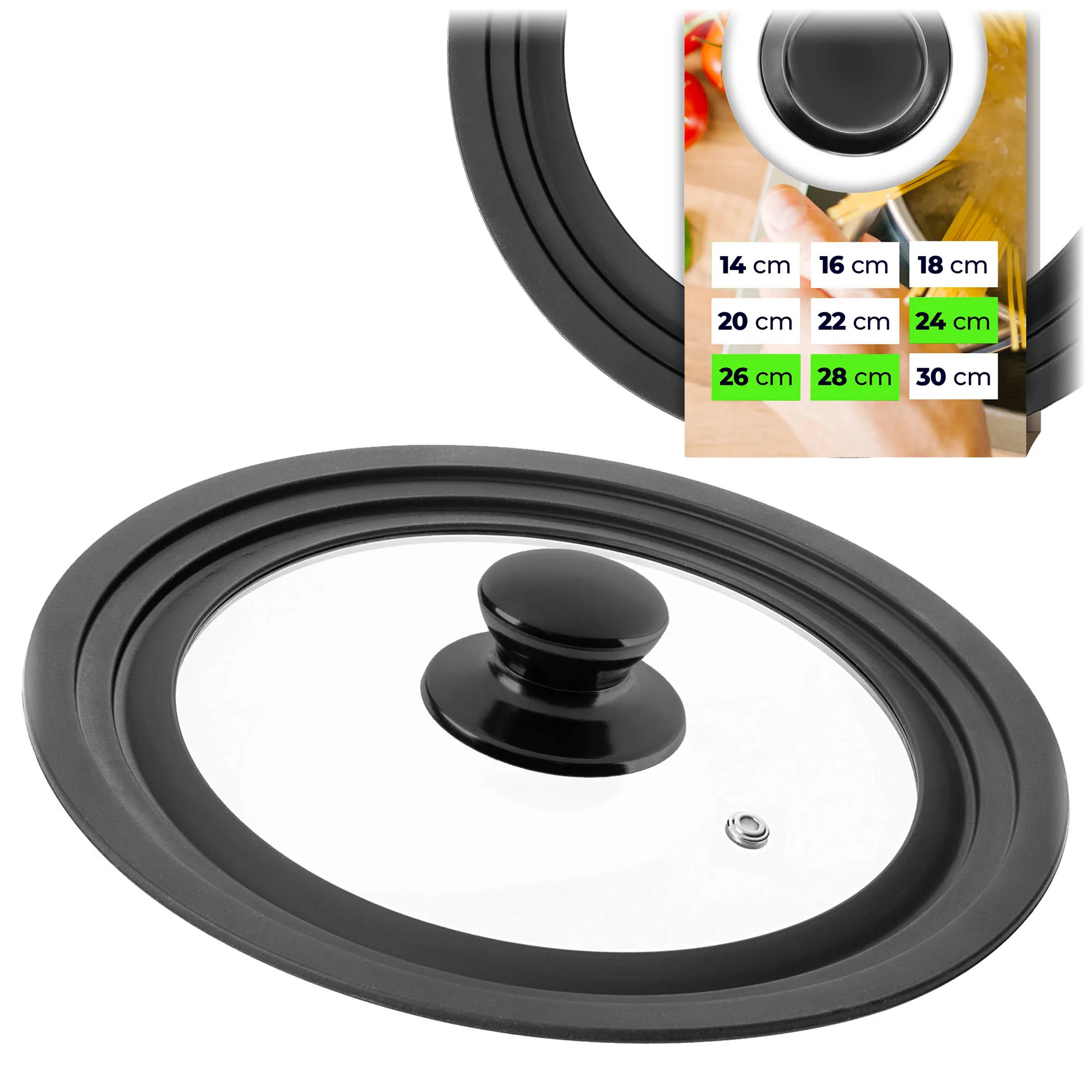 KADAX Multifunctionele Pot- en Pannenklep, Meerdere Maten, Gehard Glas met Siliconen Ventilatieopening en Zwart Handvat, 24-26-28cm, 1 Stuk