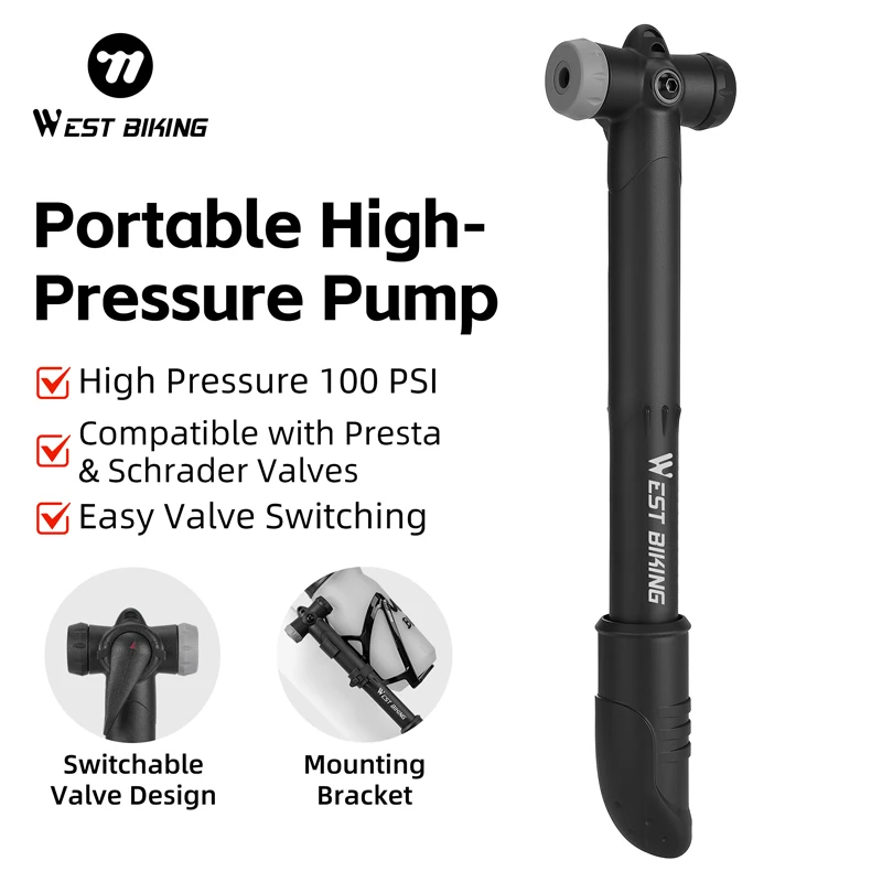 WEST BIKING Tragbare Fahrradpumpe 100PSI Handpumpe Schrader/Presta-Ventil Reifenfüller mit Halterung MTB Rennrad Zubehör