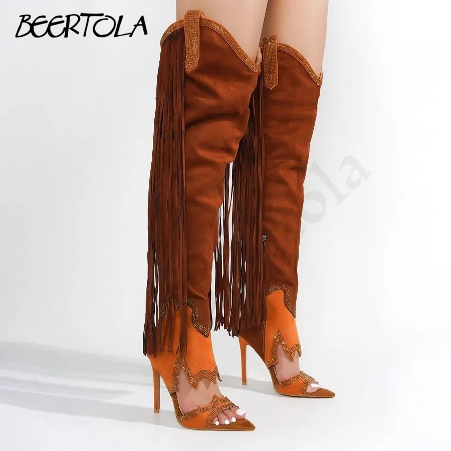 

Women's Tassel Hot Diamond Stitching Boots Pointed Toe Stiletto Heel Side Zipper Hollow Sandals Fashionable Large Size Sandals