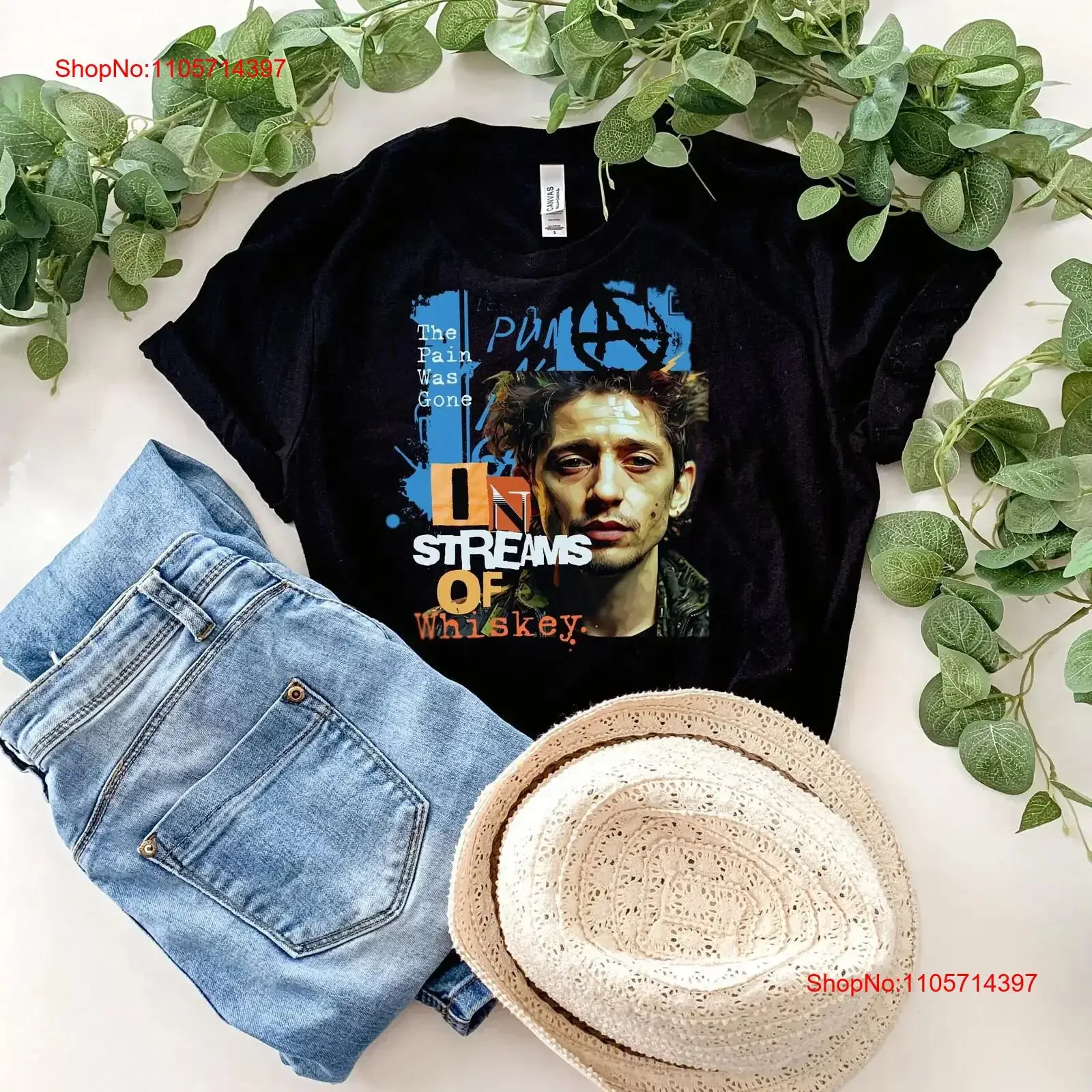 Shane MacGowan 'In Streams of Whiskey' Irish T Shirt Punk Rock Design Streetwear Style Organic Cotton For vintage Washed Unisex
