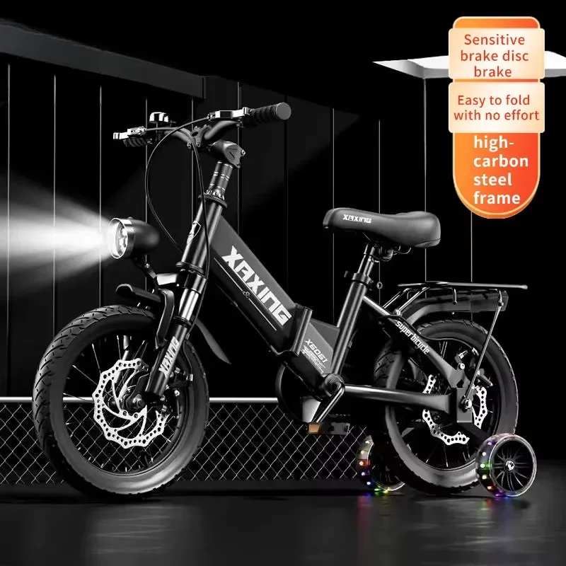 

Foldable Children's Bicycle 14-18 Inch Black for Kids Aged 3 to 6 Years Old with Training Wheels Kids Bike