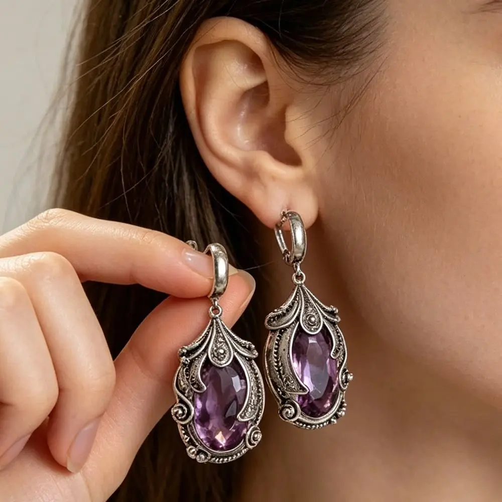 Silver-Plated Metal Zircon Drop Earrings Oval Zircon Stone Long Dangle Crystal Dangle Earrings Ornate Inlaid Statement Earrings