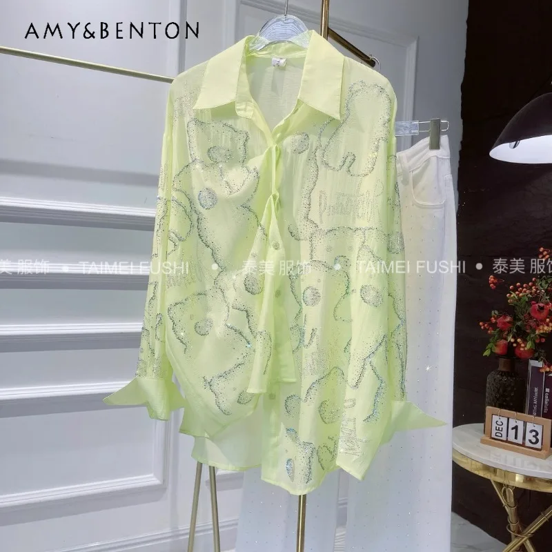 2024 Elegant Slimming All-Matching Lapel Loose Long-Sleeved Shirts Female Fluorescent Green Shiny Rhinestone Top Blusas De Mujer