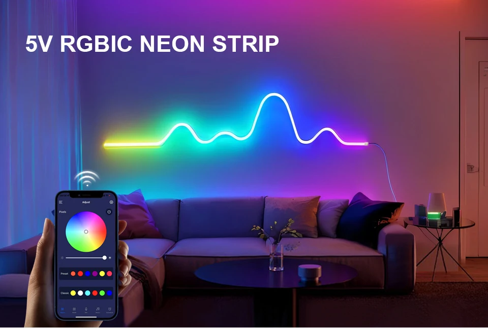 5M/16.4FT USB LED Light Neon Strip WS2812B RGBIC DC5V Rope Lights Neon Tape Chasing Effect Room Wall Decor Neon Sign