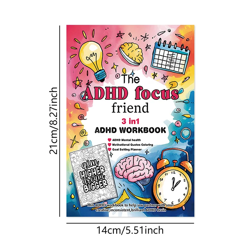ADHD Focus Friend 3 In 1 ADHD Workbook จิตสุขภาพเป้าหมาย Planner พร้อมกิจกรรมและภาพประกอบสมุดระบายสีสําหรับผู้ใหญ่