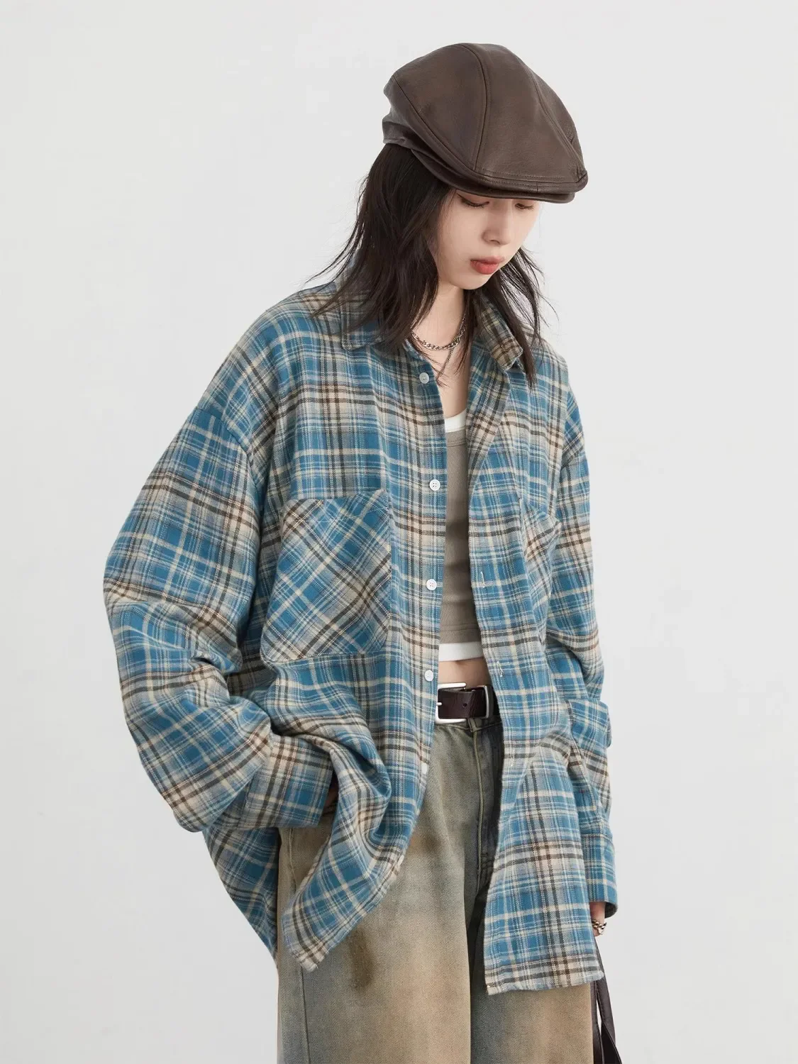 

CHIC VEN Women's Cotton Shirt Single Breasted Loose New Retro Color Blocked Grid Female Blouses Autumn Spring 2024