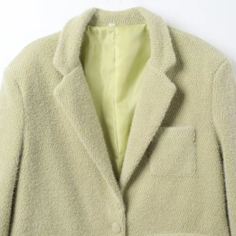 Nieuwe 2025 Chill Groen Breien Shaggy Lange Mouw Blazer Vriendje Vintage Vrouwen Notched Kraag Losse Pak Mode Oversize Jas