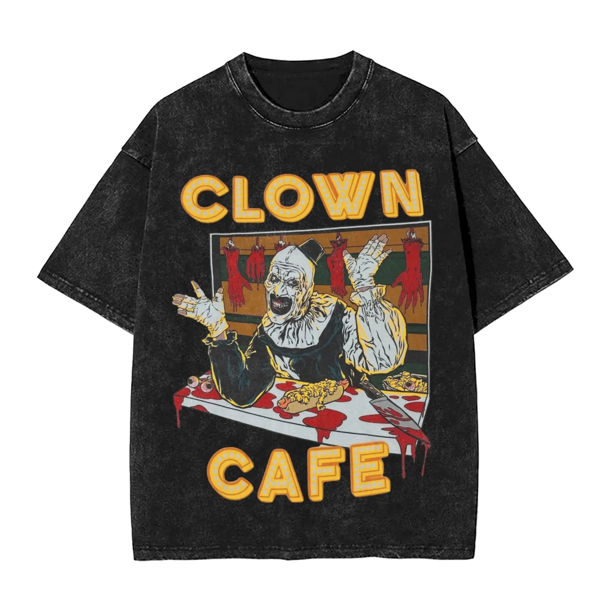 Terrifier Clown Cafe Art the Clown Washed T Shirt Streetwear Hip Hop Vintage T-Shirt Tees Tops Men Women 100% Cotton High Street