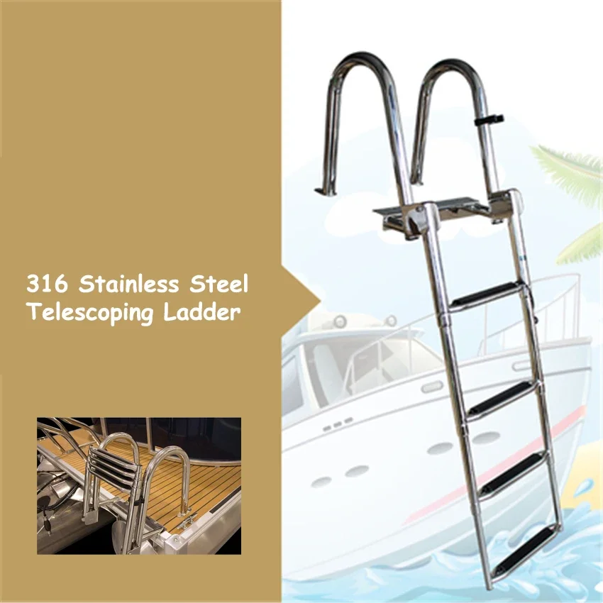 4 Step Marine Boat Folding Ladder Thickened 316 Stainless Steel Telescoping Ladder Swim Platform Boat Accessories Yacht Ladder