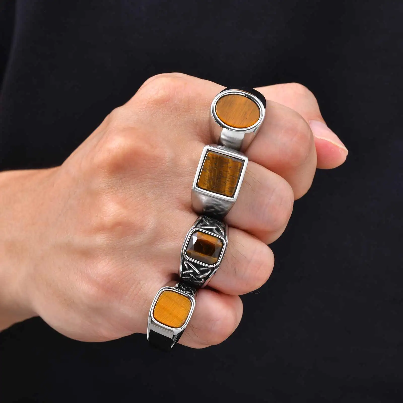 Vnox Herren-Siegelring aus Edelstahl, Fingerring mit natürlichem Tigerauge-Stein, Vintage-Statement-Schmuck, Geschenk für Freund, Vater – Detail 3