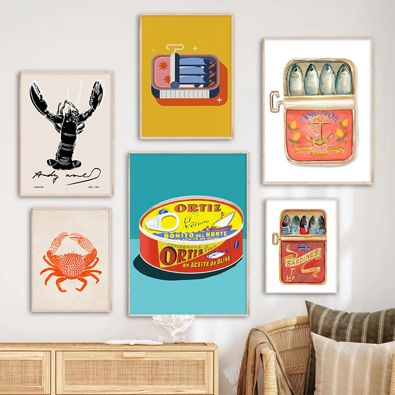 Póster de animales marinos, sardinas coloridas, langosta, peces, pintado en lienzo abstracto moderno, decoración nórdica para el hogar, arte de pared