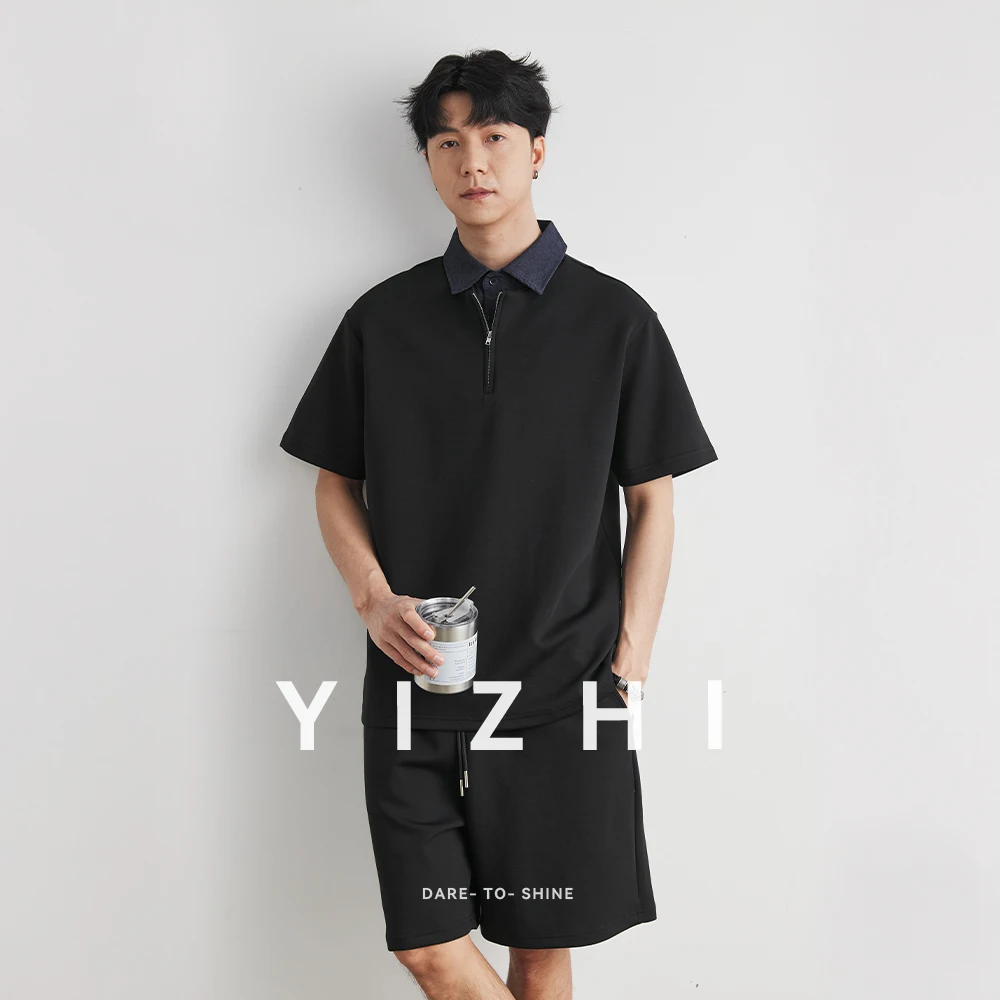 Fashion Men's Spliced Collar Half-Zip Polo Shirt & Shorts Set 2026 Summer Knitted Loose Simple Versatile Two-Piece Suit
