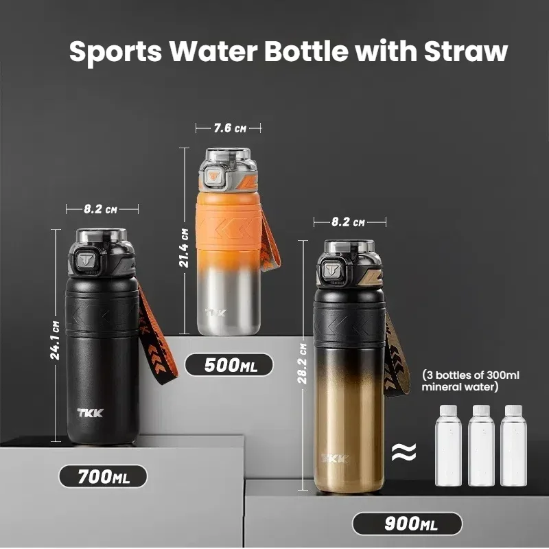 

TKK 30 унций Изолированная спортивная бутылка для воды с соломинкой, герметичный вакуумный термос из нержавеющей стали с двойными стенками и ремешком