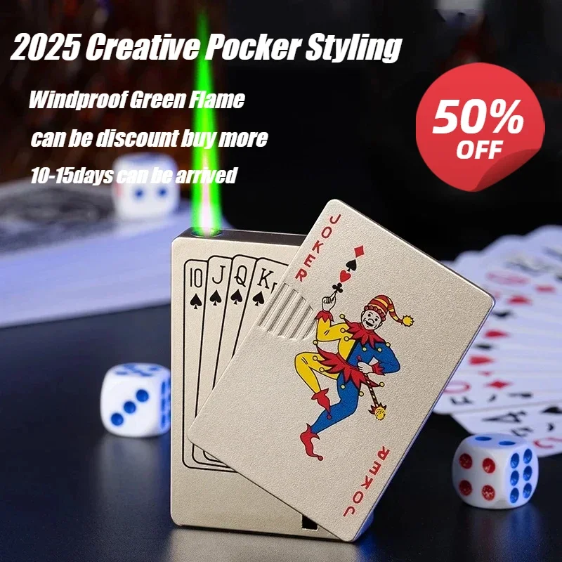 

2025 Metal Playing Card Blue Jet Flame Windproof Gas Lighter Outdoor Portable Barbecue Kitchen Cigar Lighter Men's Gifts