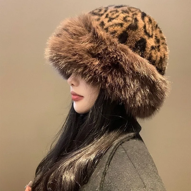 Fashionable Leopard Print Plush Hat Women's Autumn and Winter Retro Thickening Cold Protection To Show The Face Hats for Women