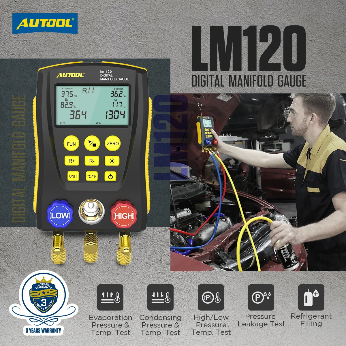

AUTOOL LM120 Автомобильный тестер кондиционера Цифровой коллектор охлаждения HVAC Холодный средний вакуум Температура давления