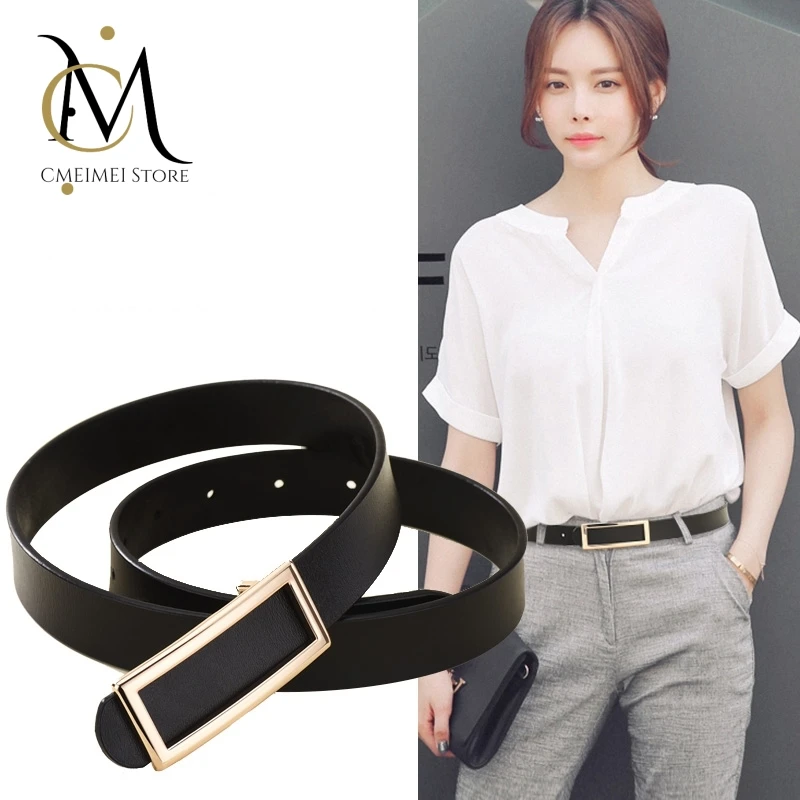 Women Belts Soft Genuine Leather Belts Waist Belt Gold Solid Color Rectangle Buckle Waistband for Pants Jeans