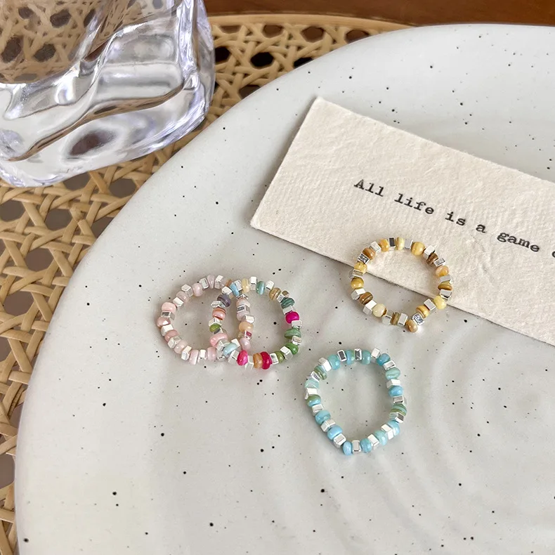 Ring Stretchy Elastic Silver Beads Colorful Gemstone Simple for Index Finger Women Everyday Comfortable Accessory