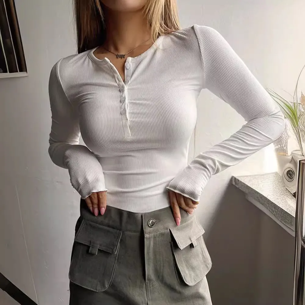

Fashion Knitted Threaded Long-sleeved T-shirt For Women's White Autumn New Button O Neck Tight Base Layer Shirt Female 2025
