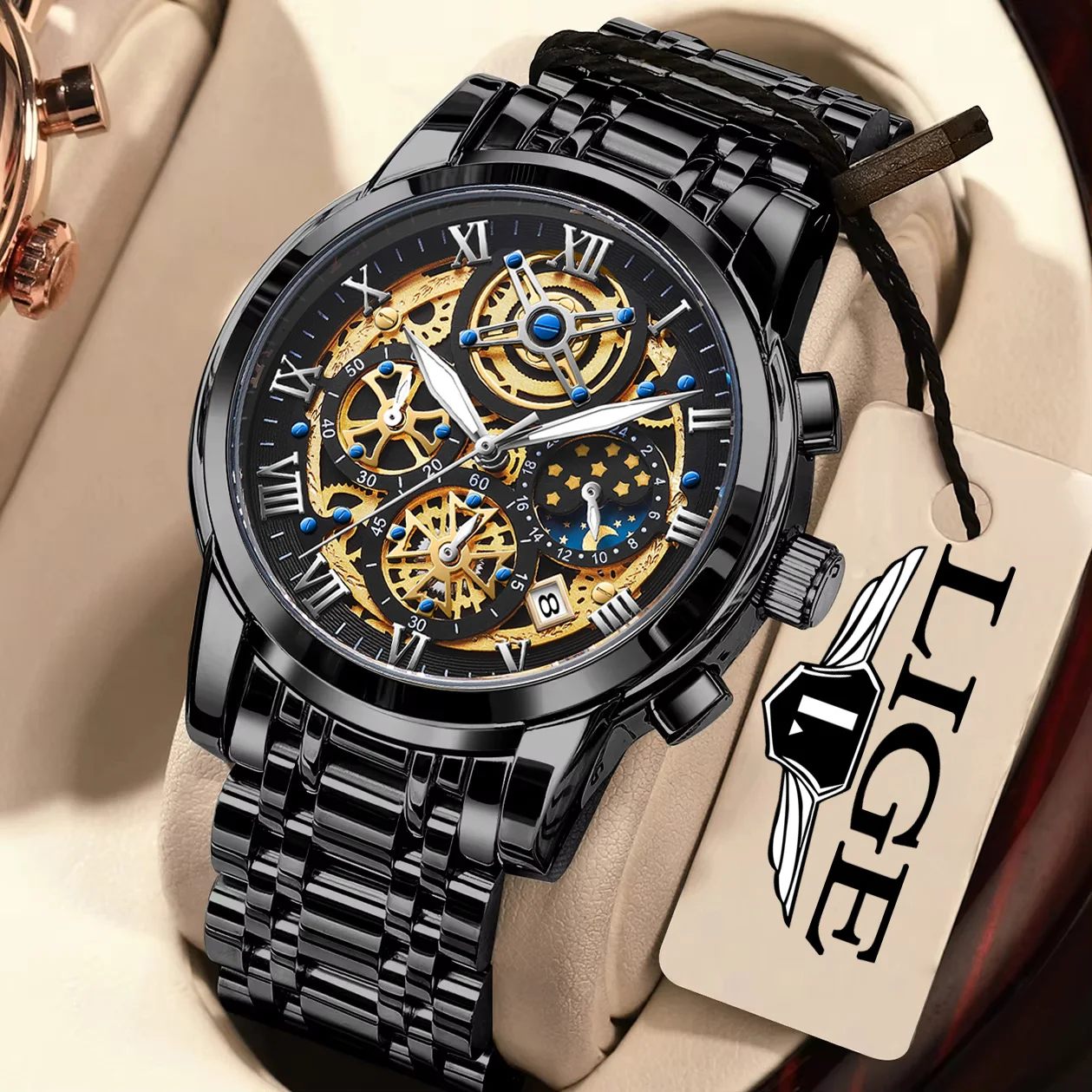 

LIGE Black Mens Watches Luxury Luminous Moon Watch for Men Business Casual Quartz Wristwatch Waterproof Male Clock Chronograph