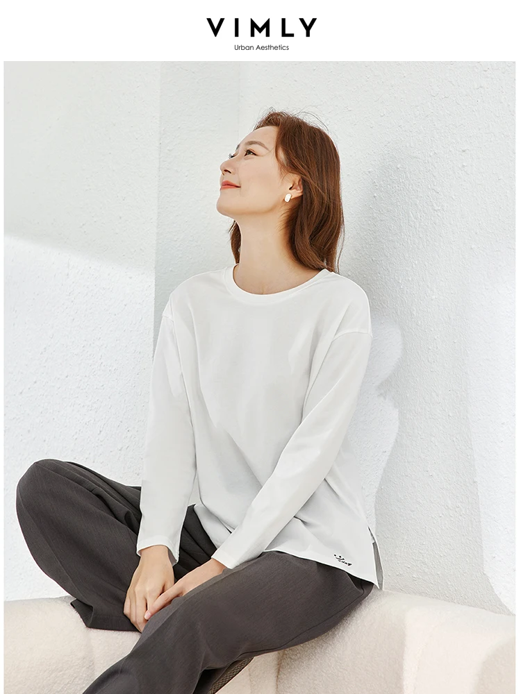 Vimly Women White T-shirt 2024 Spring and Autumn Casual Fashion 100% Cotton Side Slit Long Sleeve Tops Basics Simple Tees V7833